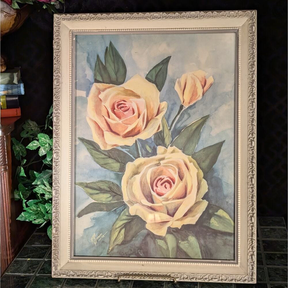 19"x25" Mid Century Ornate Cream Wood Framed Pink Rose Print w/ Glass, R Bianchi